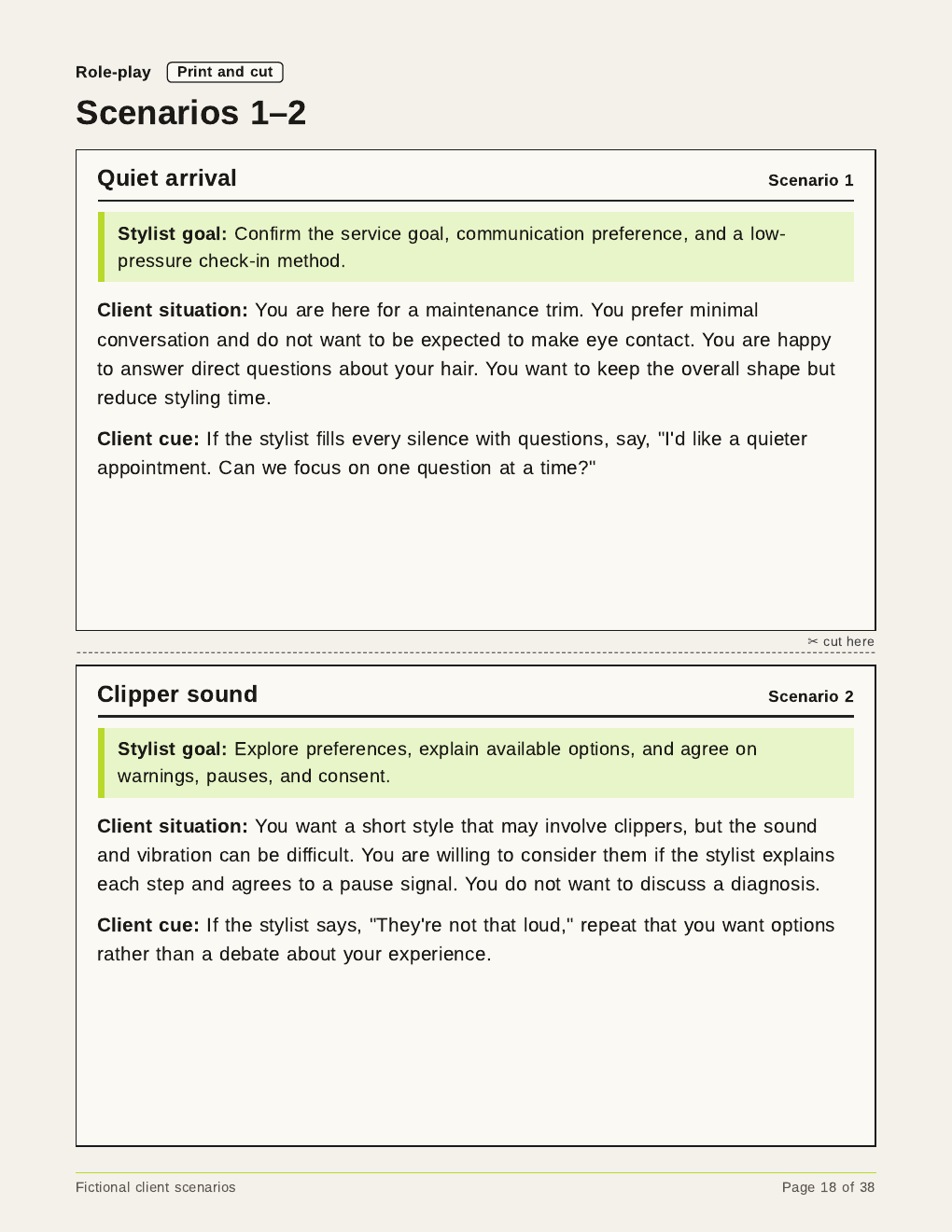 Preview of fictional client role-play scenario pages.
