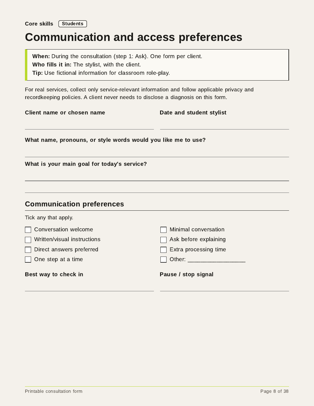 Preview of the service plan, knowledge check, and consultation rubric.