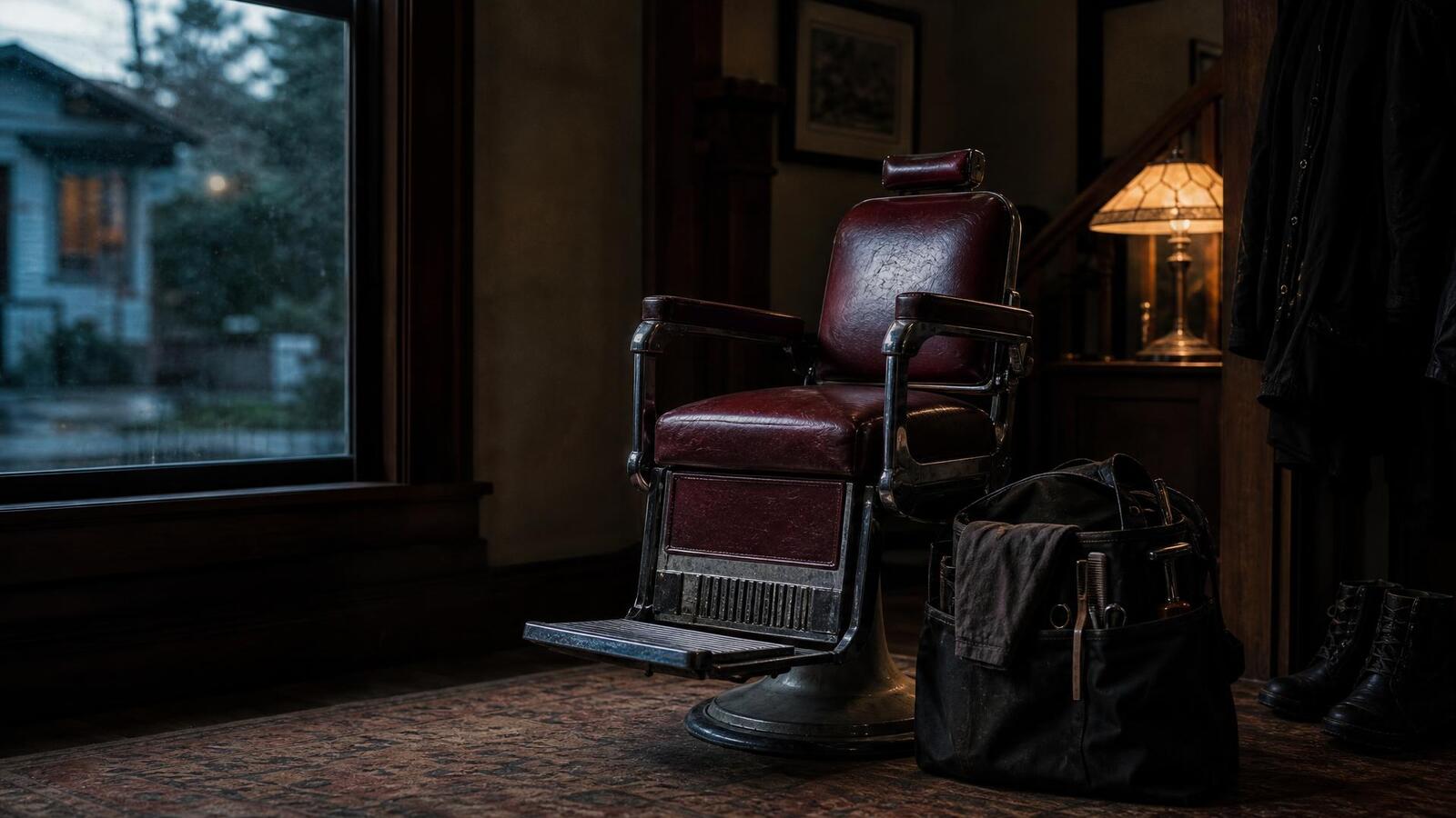 A chair set up in a driveway, ready for a haircut.