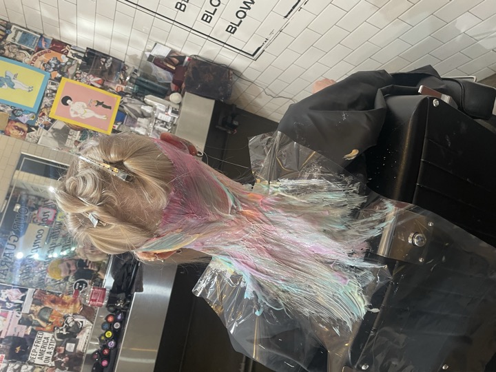 Long hair sectioned for cut — Seattle house call by Mykey